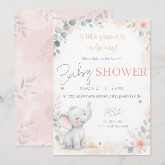 Watercolor Elephant Baby Shower Invitation 招待状 (正面/裏面)