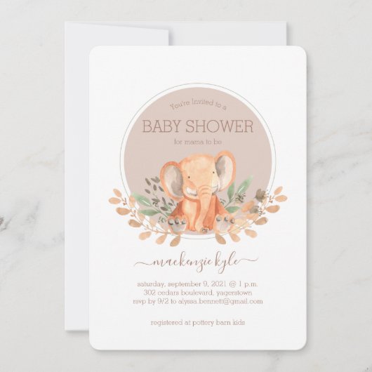 Watercolor Elephant Boho Safari Baby Shower 招待状 (正面)