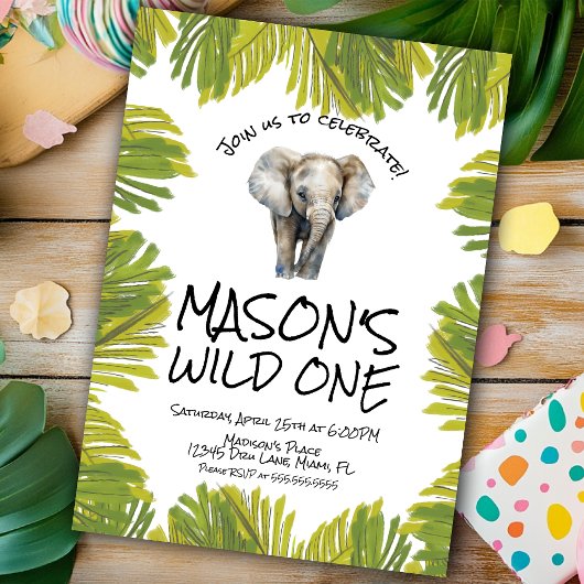 Watercolor Elephant First Birthday 招待状