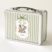 Watercolor Elephant Hugging Teddy Bear Green Bow メタルランチボックス (裏面)