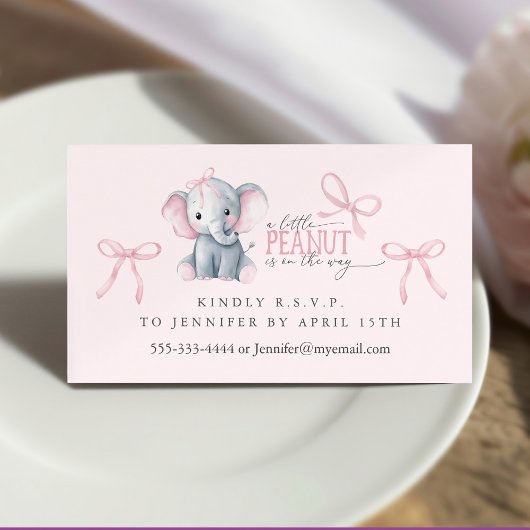 Watercolor Elephant Pink Bow RSVP Enclosure Card 名刺