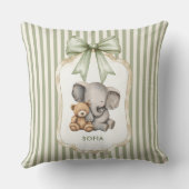 Watercolor Elephant Teddy Bear Hug Green Stripe  クッション (裏面)