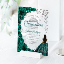 Watercolor Emerald Green Roses Silver Quinceanera