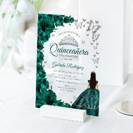 Watercolor Emerald Green Roses Silver Quinceanera アクリル招待状