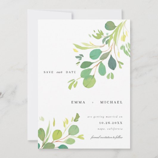 Watercolor Eucalyptus葉の日付カードの保存 招待状 (正面)