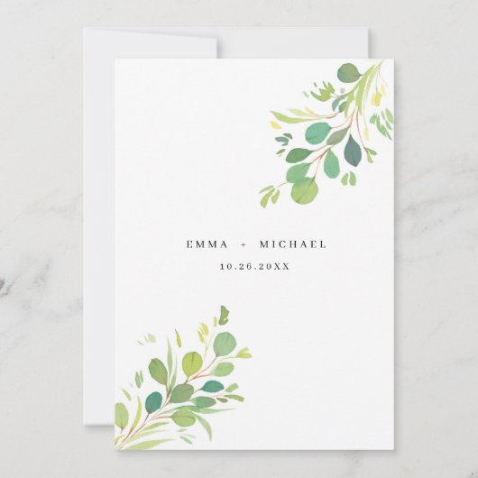 Watercolor Eucalyptus葉の日付カードの保存 招待状 (裏面)
