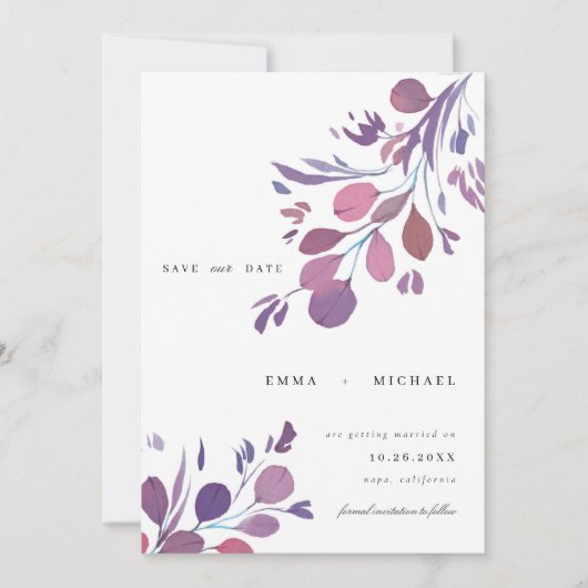 Watercolor Eucalyptus葉の日付カードの保存 招待状 (正面)