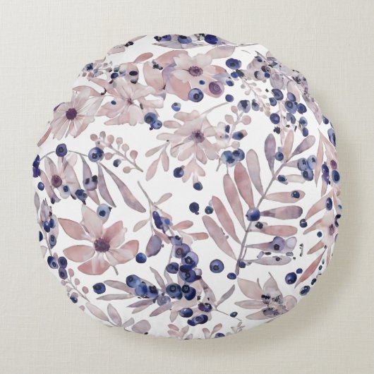 Watercolor Eucalyptus Blueberry Botanical Art Love ラウンドクッション (正面)