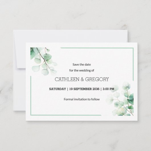 Watercolor Eucalyptus Botanical Greenery Wedding セーブザデート (正面)