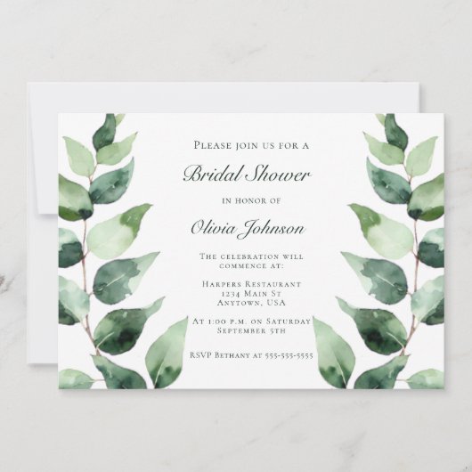 Watercolor Eucalyptus Bridal Shower | White 招待状 (正面)