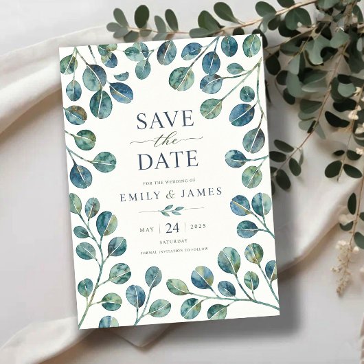 Watercolor Eucalyptus Elegant Greenery Botanical セーブザデート