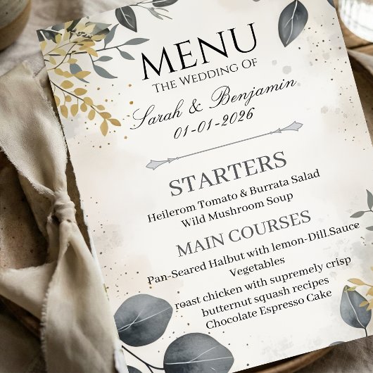 Watercolor Eucalyptus | Elegant Wedding Menu メニュー