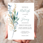 Watercolor Eucalyptus Green Gold Wedding 招待状<br><div class="desc">The left-hand edge of this romantic wedding invitation features a bouquet of eucalyptus greenery in blue-green watercolor and gold faux glitter outlines. The customizable text combines handwriting, copperplate and italic fonts in blue-green and charcoal gray on a white background. The reverse side is a matching shade of solid blue-green.</div>