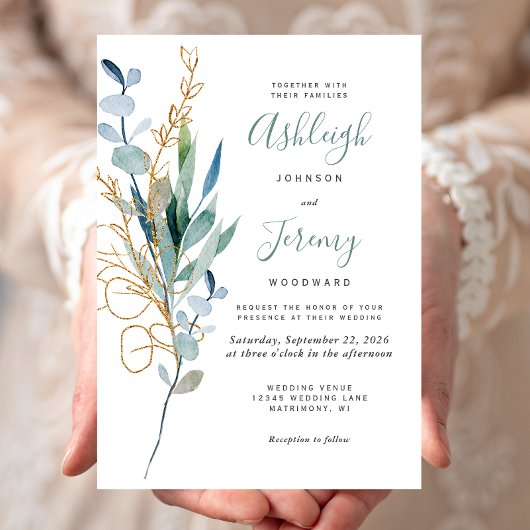 Watercolor Eucalyptus Green Gold Wedding 招待状