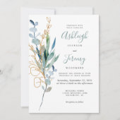 Watercolor Eucalyptus Green Gold Wedding 招待状 (正面)