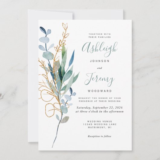 Watercolor Eucalyptus Green Gold Wedding 招待状 (正面)