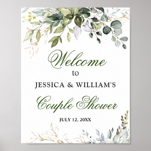 Watercolor Eucalyptus Greenery Couples Shower Sign ポスター (正面)