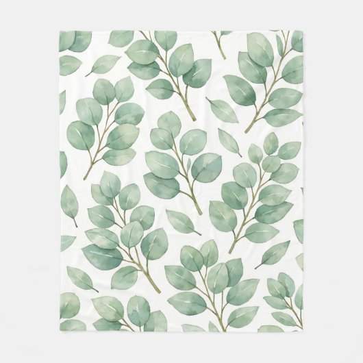 Watercolor Eucalyptus Greenery Pattern フリースブランケット (正面)