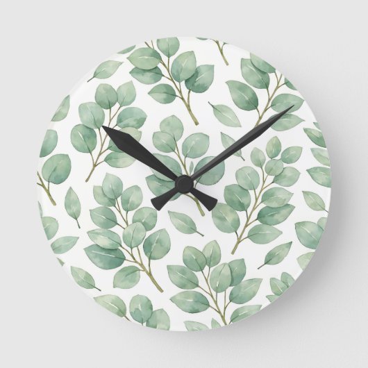 Watercolor Eucalyptus Greenery Pattern ラウンド壁時計 (正面)