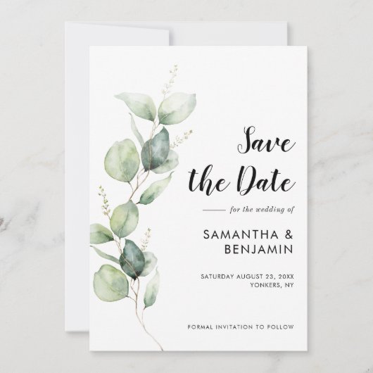 Watercolor Eucalyptus Greenery Wedding セーブザデート (正面)