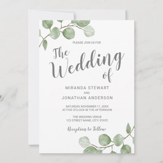 Watercolor Eucalyptus Greenery Wedding 招待状 (正面)