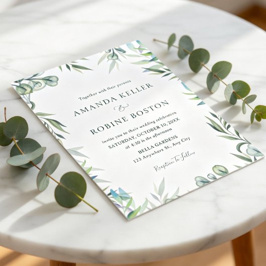 Watercolor Eucalyptus Greenery Wedding Invitation 招待状
