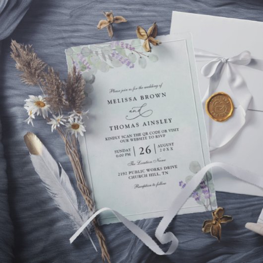 Watercolor Eucalyptus Lavender QR Code Wedding 招待状