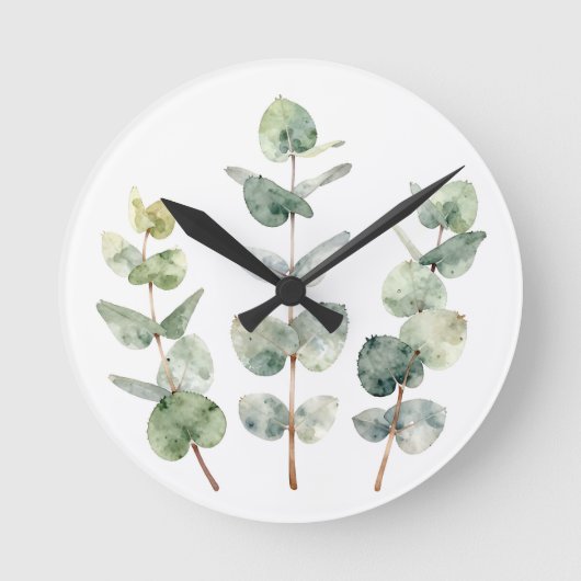 Watercolor Eucalyptus Leaves Botanical ラウンド壁時計 (正面)