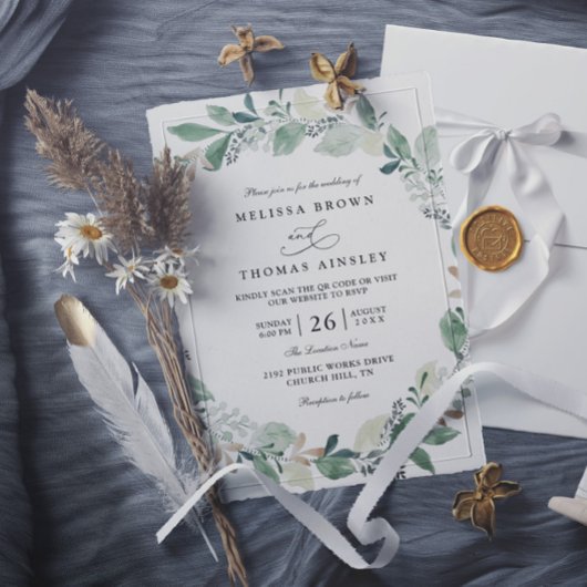 Watercolor Eucalyptus Leaves Chic QR Code Wedding 招待状