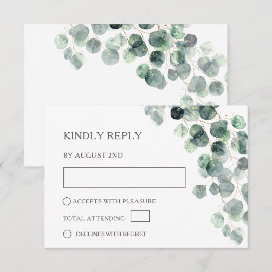 Watercolor Eucalyptus Leaves Wedding 出欠カード (正面/裏面)