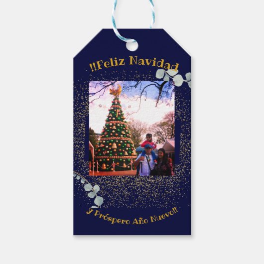 Watercolor Eucalyptus Modern Feliz Navidad Glitter ギフトタグ (正面)
