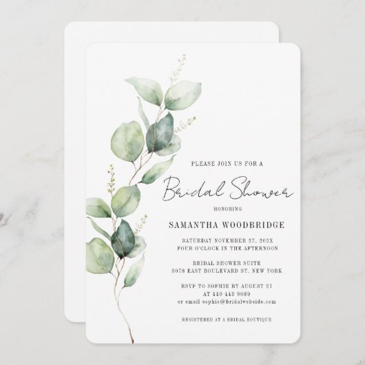 Watercolor Eucalyptus Modern Script Bridal Shower 招待状 (正面/裏面)