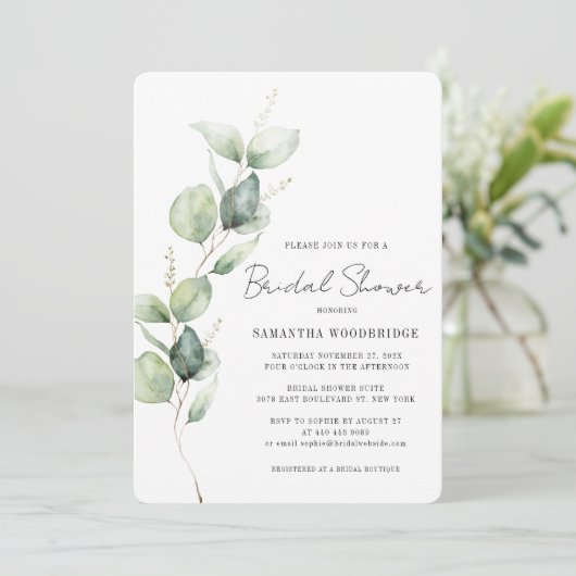 Watercolor Eucalyptus Modern Script Bridal Shower 招待状 (スタンド正面)