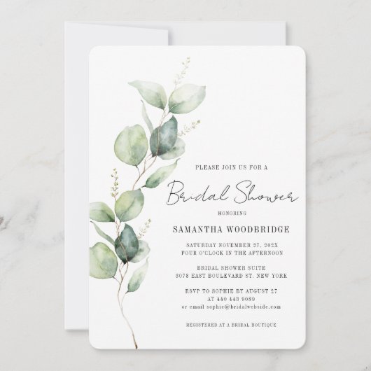 Watercolor Eucalyptus Modern Script Bridal Shower 招待状 (正面)