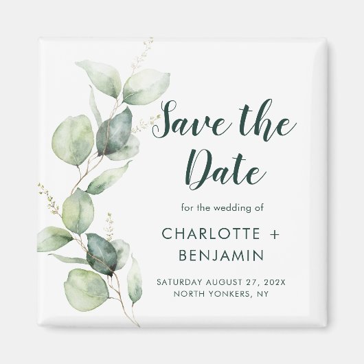 Watercolor Eucalyptus Script Wedding Save the Date マグネット (正面)