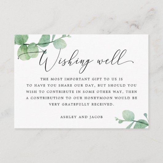 Watercolor eucalyptus script wedding wishing well エンクロージャーカード (正面)