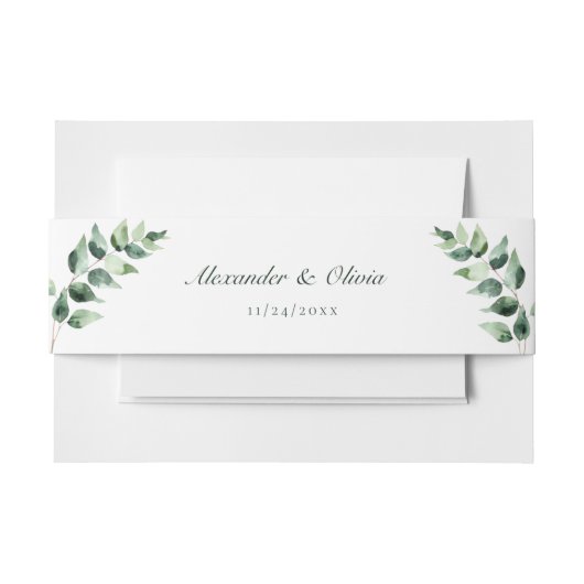 Watercolor Eucalyptus Wedding | ホワイト 招待状ベリーバンド (正面例)