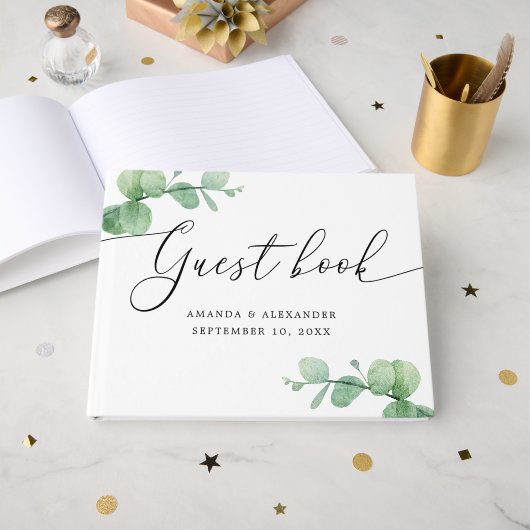 Watercolor Eucalyptus Wedding | Elegant Script ゲストブック (正面見開き)