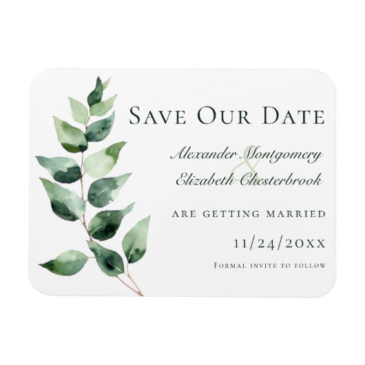 Watercolor Eucalyptus Wedding Save the Date White マグネット (横)