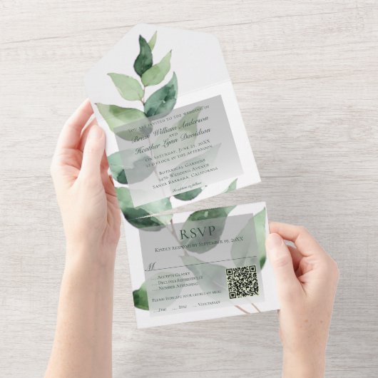 Watercolor Eucalyptus Wedding | White オールインワン招待状 (貼ってはがせる)