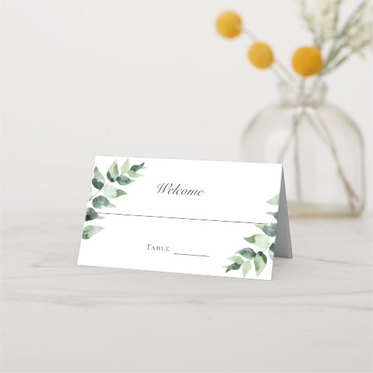 Watercolor Eucalyptus Wedding | White プレイスカード (正面)
