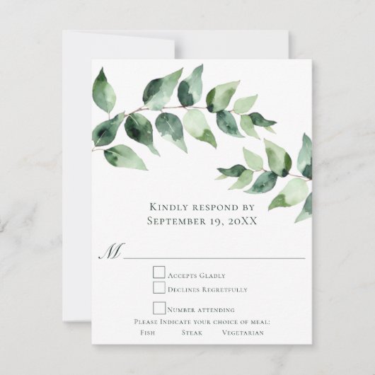 Watercolor Eucalyptus Wedding | White 出欠カード (正面)