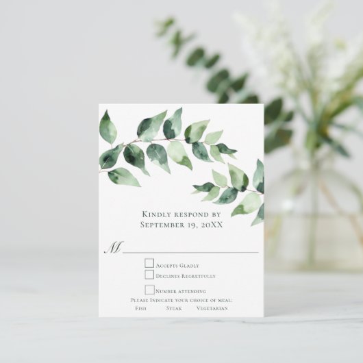 Watercolor Eucalyptus Wedding | White 出欠カード (スタンド正面)