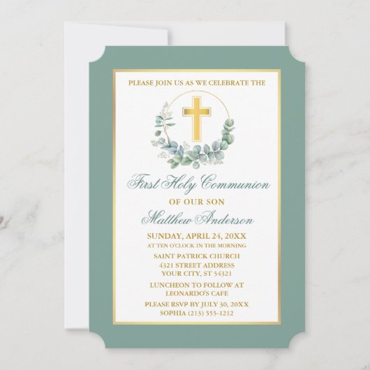 Watercolor Eucalyptus Wreath Gold Communion 招待状 (正面)