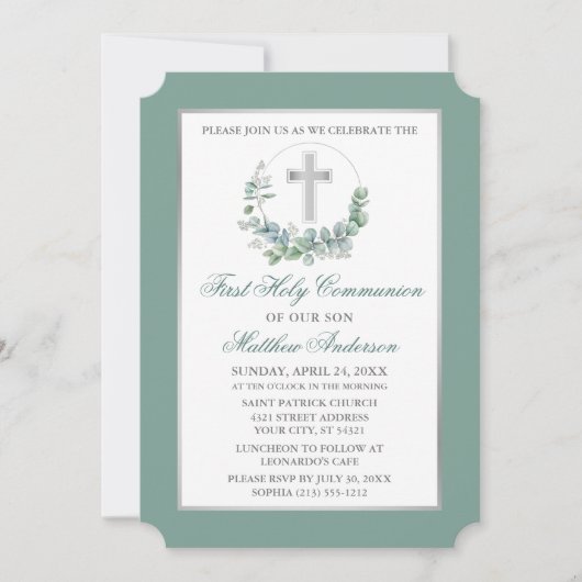 Watercolor Eucalyptus Wreath Silver Communion 招待状 (正面)