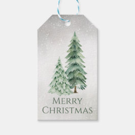 Watercolor Evergreen Christmas Trees on Gray ギフトタグ
