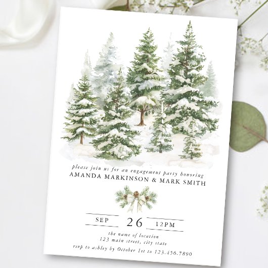 Watercolor Evergreen Winter Engagement Party 招待状