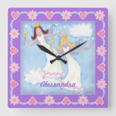 Watercolor Fairies Lavender Girls スクエア壁時計 (正面)