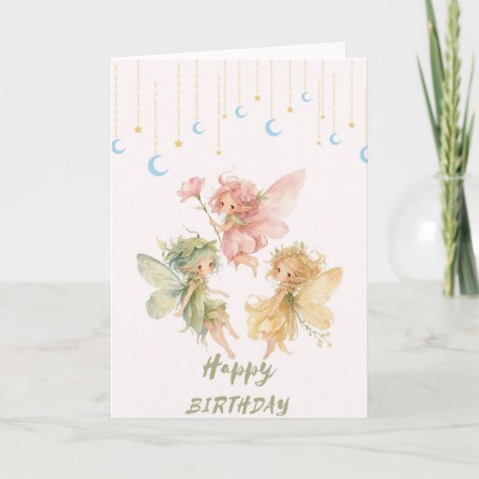 Watercolor Fairy Trio Happy Birthday Card - Celest カード (正面)