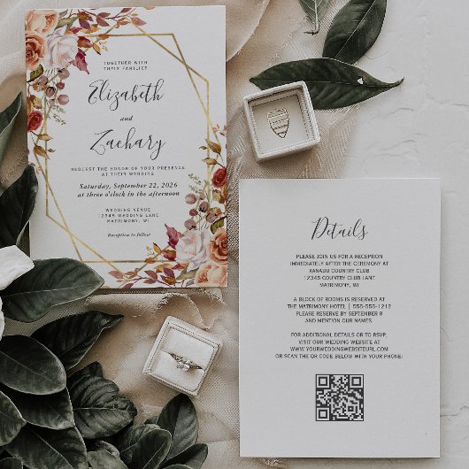 Watercolor Fall Floral Gold QR Code Wedding 招待状